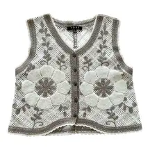 FORE Cream Crochet Embroided Button Down Sweater Vest Cardigan Women’s Large