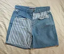 Vintage Blue and White Striped Jean Shorts Asymmetrical Patchwork Design​‎