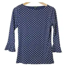 Ralph Lauren  Navy Blue White Polka Dot Ruffle 3/4 Sleeve Shirt Boat Neck Large