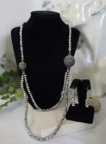 Silver Faceted Crystal Bead Necklace and Earrings Disco Ball Shiny
