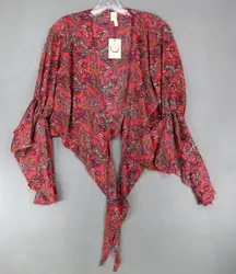 New Raga Red Boho Crop Top Tie Front NWT Size Medium Sexy Boho Top Paisley‎