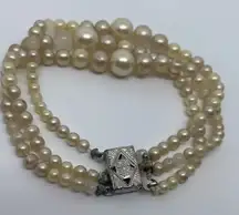 Vintage‎ Triple Strand Faux Pearl Bracelet 6.5" Jewelry Silver Clasp Latch Japan