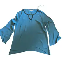 Juicy Couture Womens Top XL Sequin Trim Dark Turquoise Bling Sheer Peasant Boho