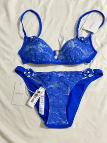 NWT  Royal Blue Lace Crystal Flower Padded push up Bikini set/xs