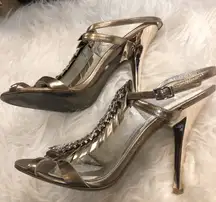 Marciano gold & rhinestone‎ feathered heels