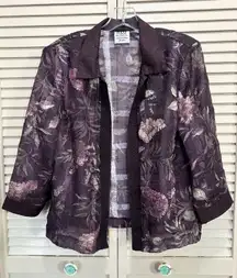 R&M Richard's Chiffon Plum/Green‎ Floral 3/4 Sleeve Open Cardigan Size Petite