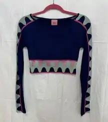 Bea Printed Long Sleeve Fitted Ribbed Crop Top Blue/Green/Pink Women's XS / S