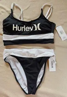 Hurley 2 pieces swimsuit bikini 👙 black white stretchy removable pads NWT