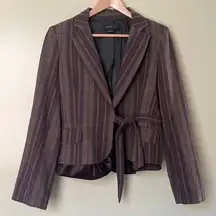 BCBGMaxazria Wool Blend Blazer Tie Front Brown Striped Silk Trim Ruffle Small