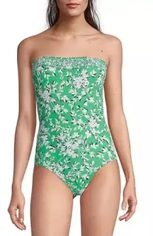 Draper James X Lands’ End One Piece Swimsuit Bandeau Green Shadow Floral Size 18