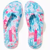 NEW  BONDI BLUE PINK MY LITTLE PEONY TERRY CLOTH SLIPPER SLIDES