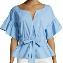 Milly Vivian Drawstring Waist Stretch Poplin Blue Short Sleeve Blouse Top