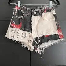 VINTAGE Distressed Y2K Denim Jean Shorts Patchwork Print Women’s Size XS EUC