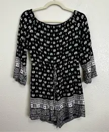 Depri Boho Black White Elephant Off the Shoulder Romper, Sz Medium