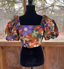 Current Air Los Angeles Women's Brown Floral Puff Sleeve Crop Top Size S