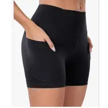 Oalka XXL Yoga Side Pockets High Waist Workout Running Sports Shorts 4" in Black