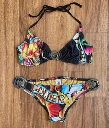 Ed Hardy Vintage Y2K Rare Black Gold Skulls String Triangle Edgy Bikini Set NEW