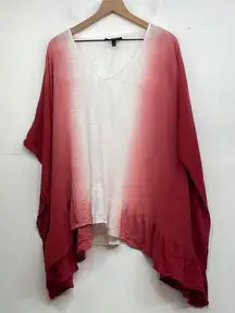 Lane Bryant Womens Blouse Red Dip Dye Ombre Poncho Ruffle Hem V-Neck Size 18/20