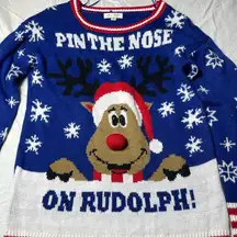 Ultra Flirt Women’s Sweater Blue Acrylic Sz Small Pin The Nose On Rudolph