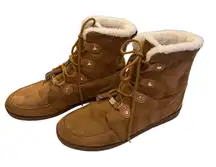 Bebe Leyila Brown Suede & Faux Fur Lined Ankle Boots/ Lace Up, Comfort‎ EUC 10