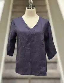 Amazhiyu 100% Linen Navy V Neck Blouse Women’s S Coastal Chic Capsule Natural