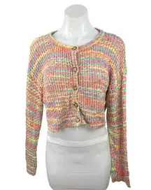 Something Navy Multicolor Pride Rainbow Crochet Knit Button Cropped Cardigan S