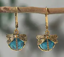 Elegant Gold and Blue glass Dragonfly Leverback Earrings