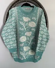Vintage Private Eyes Women's Floral Crew Neck Sweater - Teal and White