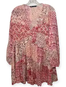 Zara Boho Patchwork Floral Dress Pink Red Long Sleeve Tassel Tie Mini Sz Small