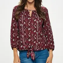 West Kei Veronica Burgundy Snake Tie Front Blouse Size Small