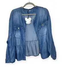 Angela Mara Chambray Denim Jacket Ruffle Hem Lightweight Feminine Casual Layer L