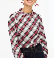 J.Crew Plaid Poplin Ruffle Neck And Sleeves Top Preppy Blouse LARGE