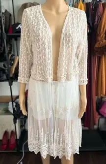 Cream Crochet Lace Overlay Robe Wrap Size XL Open Front 3/4 Sleeve