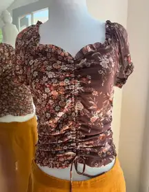 Women's Boho floral ruched puff sleeve crop top cottagecore peasant blouse Sz M