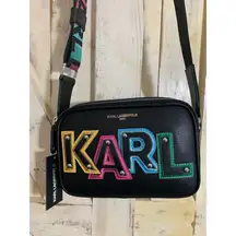 Karl Lagerfeld  Maybelle Camera Bag Crossbody Logo Strap Black Multi NWT