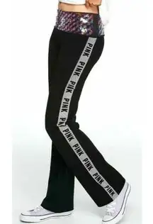 Victoria Secret PINK Y2K Fold Over Bling Flare Yoga Pants L Black Sequin Logo