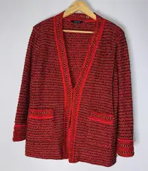 Misook Cardigan Womens XL Petite Red Sweater Open Jacket Holiday Gold Tweed‎