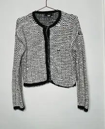 CLUB MONACO Black White Button Front Buttons Fringe Cardigan Sweater Size Medium