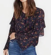 Madewell ruffled tiered sleeve navy floral blouse small