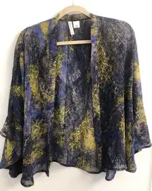 Blue Yellow Boho Feather Kimono Sweater