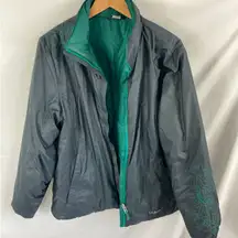 LL Bean Women's Green grey Floral Embroidered Reversible Puffer Jacket size XL