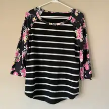 Black White Striped 3/4 Sleeve Shirt with Floral Sleeves Blouse Top Office