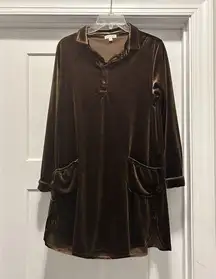 Earthbound Mini Shirt Dress Woman’s Size Small Bronze Brown Velvet Long Sleeve