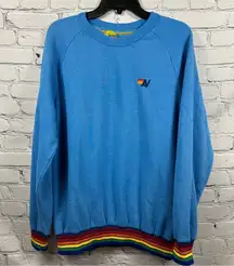 Aviator Nation Crewneck Rainbow Rib Sweatshirt Broken-In Cotton Blend Sky Blue L