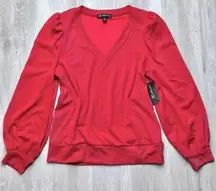 INC Women's NWT Red Puff Sleeve Shimmer Holiday Christmas V Neck Top M