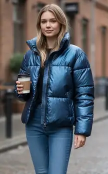 NWT Nicole Miller Cropped Puffer Jacket In Color Teal Large Faux Fur Lined