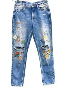 Liu Jo Women Floral Embroidered Distressed Straight Leg Jeans Size 30