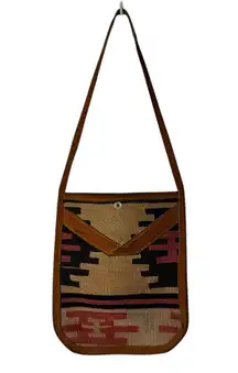 Vintage 90s Turkish Kilim Knit Leather Shoulder Bag Western Bohemian Southwest
