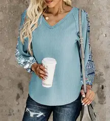 SKY BLUE CONTRAST EYELET THERMAL KNIT TOP