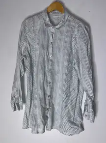 J Jill Love Linen XL Green White Stripe Collar Button Down‎ Tunic Linen Top CP